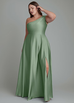 Azazie Melanie Bridesmaid Dresses Matcha A-Line Off the Shoulder Stretch Satin Dress image9