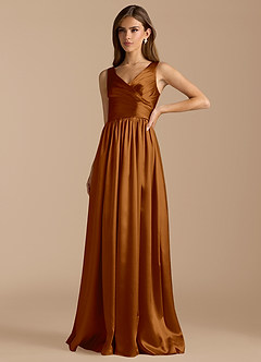Azazie Keyla Bridesmaid Dresses Copper A-Line Pleated Metallic Satin Dress image5