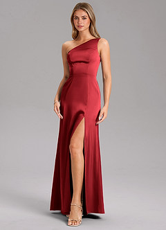 Azazie Phaedra Bridesmaid Dresses Scarlet A-Line One Shoulder Stretch Satin Dress image12
