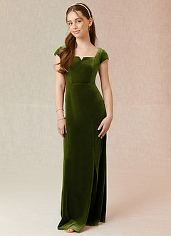 Azazie Gabi Junior Olive A-Line Velvet Dress image1