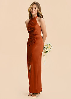 Azazie Jemma Junior Burnt Orange Sheath Ruched Stretch Satin Dress image5