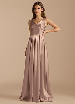 Azazie Keyla Bridesmaid Dresses Taupe A-Line Pleated Metallic Satin Dress image5