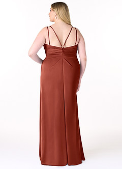 Azazie Aqua Robes de demoiselle d'honneur Robe Trapèze en Satin extensible Col V plissé Terracotta image9