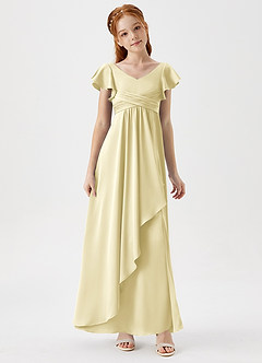 Azazie Omari Junior Lemon Sorbet A-Line Pleated Stretch Satin Dress image3