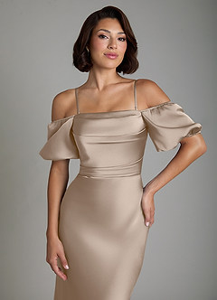 Azazie Lea Bridesmaid Dresses Taupe Mermaid Off the Shoulder Stretch Satin Convertible Dress image3
