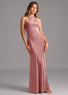 Azazie Drita Robes de demoiselle d'honneur Robe Trapèze en velours Plissée Rose Poussiéreuse image5