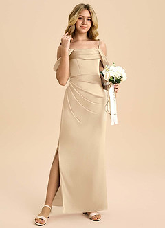 Azazie Saige Junior Robe Fourreau en Satin extensible Épaule décolletée Champagne image4