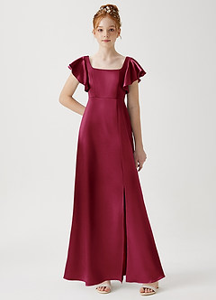 Azazie Bondi Junior Burgundy A-Line Side Slit Metallic Satin Dress image1