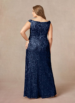 Azazie Porcelain At-home Try On Dresses Dark Navy A-Line Off the Shoulder Lace Dress image10