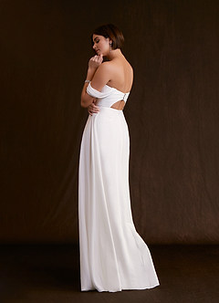 Azazie Ava At-home Try On Dresses Diamond White A-Line Off the Shoulder Stretch Chiffon Dress image4