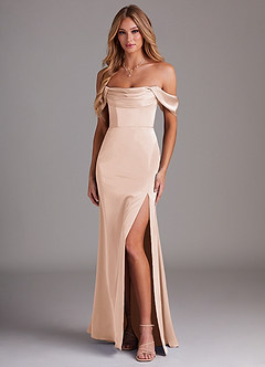 Azazie Saige Bridesmaid Dresses Blushing Pink Sheath Off the Shoulder Stretch Satin Dress image1