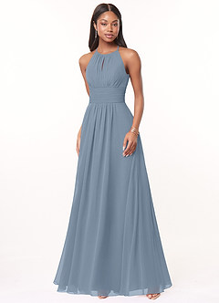 Azazie Bonnie Bridesmaid Dresses Dusty Blue A-Line Keyhole Ruched Chiffon Dress image1