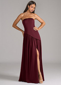 Azazie Adeline Vestidos de damas de honor Vestido de Cabernet de Satén Elástico de Corte en A Convertible con Sin tirantes image4