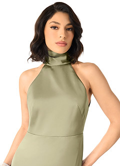 Azazie x Delaney Bridesmaid Dresses Pistachio Sheath High Neck Stretch Satin Dress image3