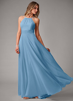 Azazie Amalia Bridesmaid Dresses Steel Blue A-Line Pleated Chiffon Dress image3