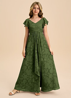 Azazie Omari Junior Olive A-Line Pleated Floral Burnout Dress image3