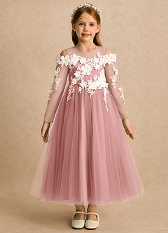 Azazie Lilah vestidos de niña de las flores Vestido Rosa Polvorienta de Tul de Línea A con Encaje image4