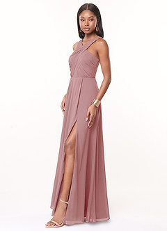Azazie Brandie Robes de demoiselle d'honneur Robe Trapèze en Mousseline extensible Plissée Rose Poussiéreuse image3