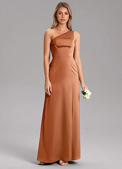 Azazie Feby Robes de demoiselle d'honneur Robe Trapèze en Satin extensible Ue épaule Cuivre image7