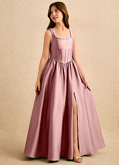 Azazie Enid Girls Formal Sukienki dla dziewczynek sypiących kwiaty Linia A Zroszony Satyna elastyczna Długość podłogi Sukienka image3
