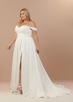 Azazie Joya Wedding Dresses Diamond White A-Line Off the Shoulder Crepe Back Satin Dress image12