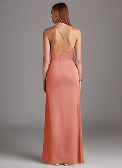 Azazie Mika Bridesmaid Dresses Coral Sheath One Shoulder Stretch Satin Dress image2