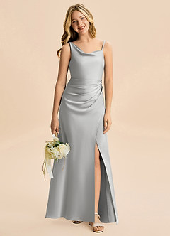 Azazie Abby Junior Silver A-Line Pleated Stretch Satin Dress image1