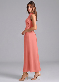 Azazie Evadne Bridesmaid Dresses Salmon Pink Sheath Pleated Chiffon Dress image5
