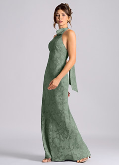 Azazie Velli Vestidos de damas de honor Vestido de Matcha de Devorado Floral de Corte Sirena con Cuello Alto image3