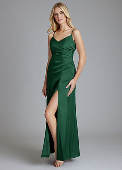Azazie Azuree Bridesmaid Dresses Dark Green A-Line Pleated Stretch Satin Dress image4