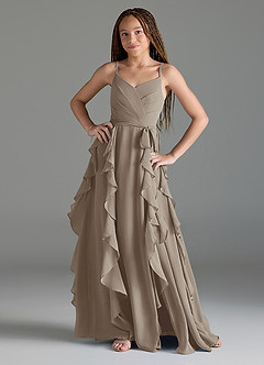 Azazie Peyton Junior Taupe A-Line V-Neck Cascading Ruffles Chiffon Dress image1