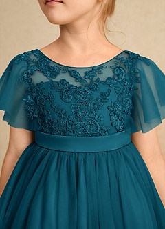 Azazie Queenie Flower Girl Dresses Ink Blue A-Line Lace Dress image4