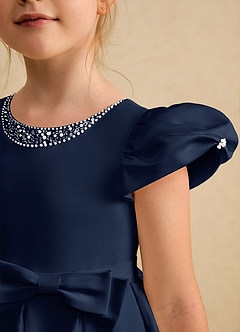 Azazie Pearl Flower Girl Dresses Dark Navy Ball-Gown Pleated Matte Satin Dress image6