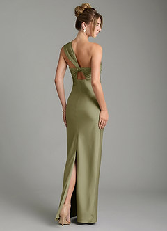 Azazie Margot Bridesmaid Dresses Pistachio Sheath One Shoulder Stretch Satin Dress image2