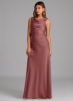 Azazie Nerine 신부 들러리 드레스 A라인 주름진 스트레치 새틴 바닥 길이 드레스 image1