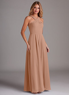 Azazie Dixie Bridesmaid Dresses Champagne Rose A-Line Halter Pleated Chiffon Dress image4