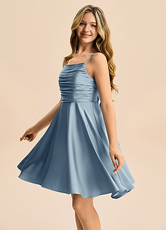 Azazie Miko Junior Dusty Blue A-Line Pleated Stretch Satin Dress image7