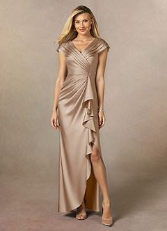 Azazie Anderson Mother of the Bride Dresses Taupe A-Line Pleated Stretch Satin Dress image1