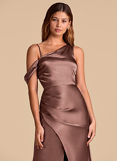 Azazie Madelyn Final Sale Espresso Mermaid Off the Shoulder Metallic Satin Convertible Dress image2