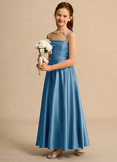 Azazie Pebbles Junior Formal Jurken voor bloemenmeisjes A-Lijn Jurk van Mat Satijn Geplooid Staal Blauw image6