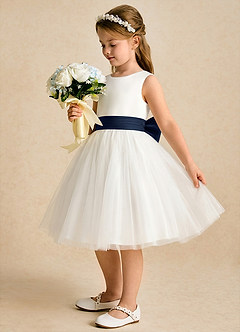 Azazie Sosie Blumenmädchenkleider A-Linie Plissee Tüll Kleid Elfenbein Dunkles Marineblau image3