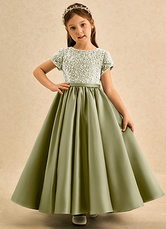 Azazie Cashew Flower Girl Dresses Moss Green Ball-Gown with Sleeves Matte Satin Dress image2
