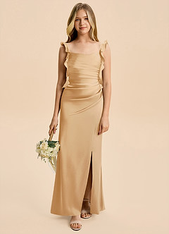 Azazie Jessamine Junior Gold A-Line Ruched Stretch Satin Dress image1