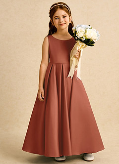 Azazie Pepper vestidos de niña de las flores Vestido de Castaño de Satin Mate de Corte En A con Plisado image6