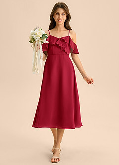 Azazie Kamilla Junior Abito A-Line in Chiffon a Spalla Scoperta Scarlatto image4