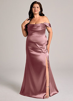 Azazie Saige Bridesmaid Dresses Vintage Mauve Sheath Off the Shoulder Metallic Satin Convertible Dress image11