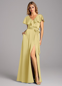 Azazie Lainey Bridesmaid Dresses Lemon Sorbet A-Line with Pockets Stretch Satin Dress image3
