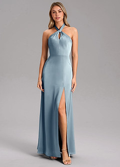 Azazie Tracie Bridesmaid Dresses Dusty Blue A-Line Side Slit Stretch Satin Dress image5