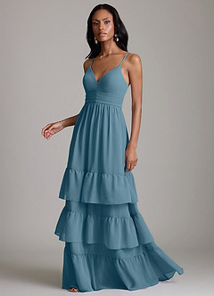 Azazie Nathalia Vestidos de damas de honor Vestido de Bermudas de Gasa de Corte en A con Volante image5