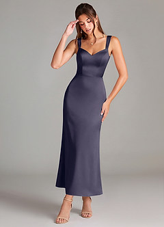 Azazie Denice 신부 들러리 드레스 쉬스 주름진 스트레치 새틴 발목 길이 드레스 image1